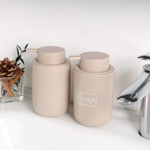 Image of BosilunLife Khaki Soap Dispenser Set - 2 Pack 12oz Ceramic Dish Soap Dispenser with Rust Proof Pump for Kitchen, Hand Soap and Lotion Set Suitable for Farmhouse Bathroom Decor with Waterproof Labels