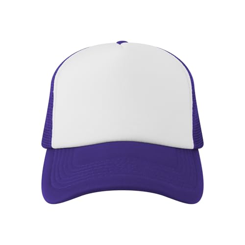 TopTie Blank 5 Panel Trucker Hat Foam Front Mesh Back 2 Tone Trucker Snapback Hat-Purple White
