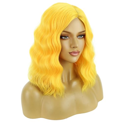 Image of BERON Yellow Short Side Part Curly Wavy Wig for Women Girls Shoulder Length Wavy Heart Resistant Synthetic Wigs Cosplay Costume Daily Party Wig