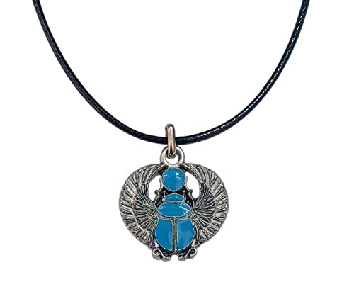 lazzaro italy Colgante Scarabajo alado egipcio con collar. Amuleto de buena suerte símbolo de resurrección. Joya talismán artesanal bañada en plata. H 3 cm