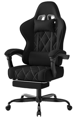Devoko Gaming Stuhl Stoff, Ergonomischer Bürostuhl mit Massager. Gaming Chair mit Federpolsterung, mit Kopfstütze, Fußstütze, Höhenverstellbar. Gamer Stuhl 150 kg belastbarkeit. Schwarz