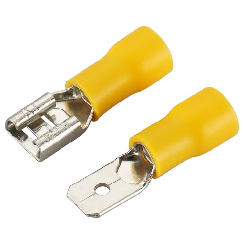 Baomain MDD & FDD 5.5-250 1/4 Inch Male & Female Quick Disconnects Vinyl Insulated Spade Wire Connector Electrical Crimp Terminal 12-10 Awg 6.3Mm Yellow 100 Pack cover
