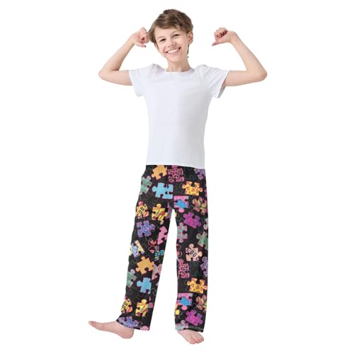 ZZXXB Colorful Puzzle Print Boys Long Pants Soft Trousers Elastic Waist Kids Lounge Bottoms with Pockets S-XL2