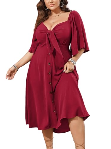 Image of SCOMCHIC Plus Size Summer Dress Casual Short Sleeve Bow Tie Deep V Neck Smocked Button Down Midi Flowy A-line Boho Dresses