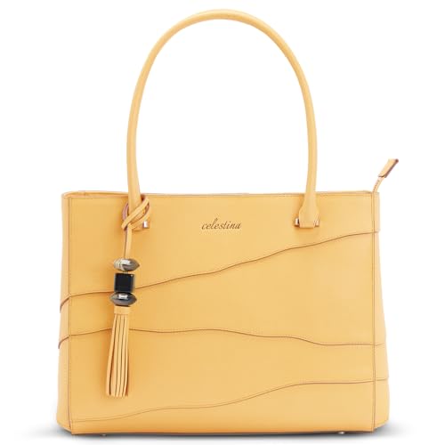 celestina Nappa Leather Tote Handbags for Women Genuine Leather Large Shoulder Handbag Work Purse Yellow Tote Bags Elegant Durable Design Spacious with YKK Zipper