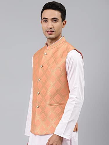 Image of MANQ Men Fawn Woven Jaquard Silk Nehru Jacket