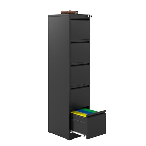 Glyxxen 5 Drawer File Cabinet with Lock, Vertical Filing Cabinets for Home Office, Metal Storage Cabinets, Heavy Duty File Cabinet for Letter/Legal/A4/F4 Size Amsseble Required, Black