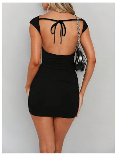 Image of SOLY HUX Backless Dresses for Women Cap Sleeve Boat Neck Fitted Mini Dress Party Club Rave Outfit
