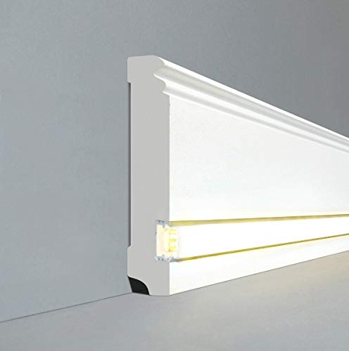 LEDLicht - Battiscopa e battiscopa Neuss Berliner, profilo 145 x 19 mm, MDF laminato 719.145L, battiscopa professionale, con copertura bianca, colore: Bianco
