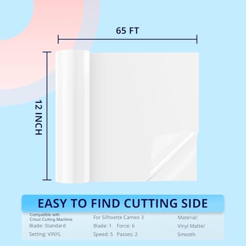 Image of HTVRONT White Permanent Vinyl - 12 inch x65FT Matte Permanent Adhesive White Vinyl Compatible with Cricut Cutting Machine, Silhouette Cameo & Other Cutters - Party & Home Decoration, Sticker