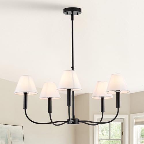 Black Farmhouse Chandeliers with White Fabric Shades, 5-Light Modern Chandelier