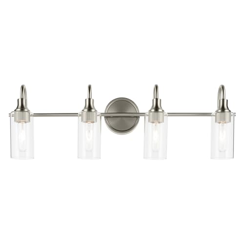 Image of Kichler Kavi 4-Light Bathroom Vanity Light, Brushed Nickel | Damp-rated vanity light with clear glass for bathroom mirrors (31.5 inch x 10 inch), 55212NI