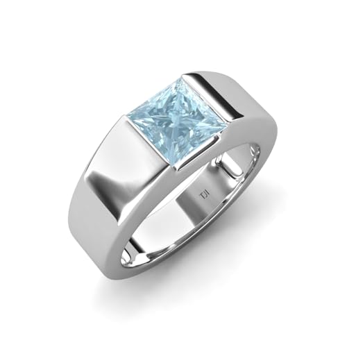 TriJewels 1.25 ct Princess Shape Solitaire Aquamarine (6.00 mm) Men's Wedding Band in Sterling Silver
