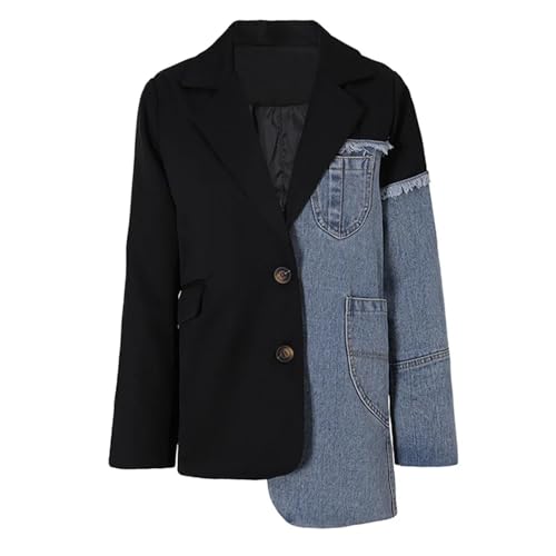 Women Blue Denim Blazer Irregular Casual Lapel Long Sleeve Loose Fit Jacket Single Breasted Work Blazers