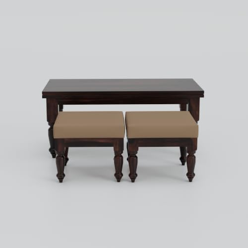 Image of Solid Sheesham Wood Center Coffee Table with 2 Cushioned Stools | Wooden Coffee Table | Space Saving Nesting Design for Living Room, Drawing Room, Hall, Bedroom, Office | Walnut Finish