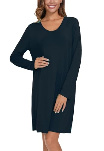 Image of Kabento 2 Pack Long Sleeve Nightgowns for Women Soft Cotton Night Gowns Sleepwear V Neck Nightshirts