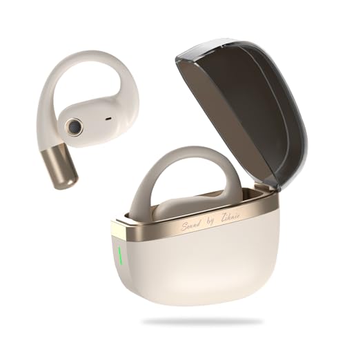 ZIHNIC Open-Ear Wireless Bluetooth Headphones with Mic, Earbuds with Earhooks, 28H Battery, IPX5 Waterproof, Compatible with Anyphone-Beige