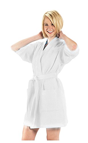 Thigh Length Short Waffle Kimono Robe for Women – Lightweight Spa & Bathrobe – Soft Cotton Blend Lounge Robe – Hotel & Bridal Party Wrap – Comfortable Loungewear for Home & Travel One Size - White