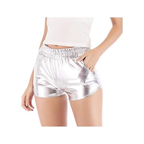 Polly Online Women Metallic Shorts PU Leather Shorts Elastic Waist Shorts Shiny Shorts Silver Cover
