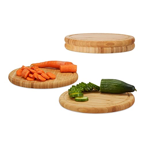 Relaxdays Frühstücksbrettchen 4er Set, Bambus, rund, 25 cm, Küchenbrett, pflegeleicht, natürlich, messerschonend, natur