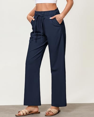 GRAPENT Linen Pants Women Wide Leg High Waisted Flowy Summer Beach Elastic Waist Pull On Baggy Palazzo Pants with Pocket3