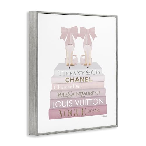 Image of Stupell Industries Chic Pink Bow Shoes Glam Fashion Bookstack, Designed by Amanda Greenwood Gray Framed Wall Art, 16 x 20 | Stupell Industries . By Amanda Greenwood . Ready to hang once unboxed . Giftable decor for home . Made in USA