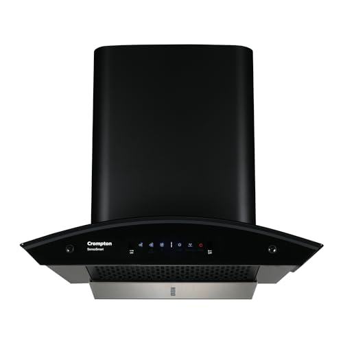 Image of Crompton SensoSmart 60 cm Curved Glass Kitchen Chimney with 1210 m /hr Suction, Smart On & Intelli Auto-Clean | Silent Kitchen Chimney with Filterless (Black)