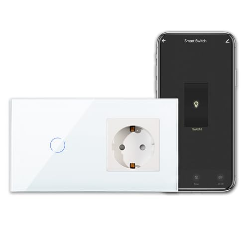 CNBINGO - Interruttore touch smart con presa Schuko da incasso con cornice in vetro, interruttore Wi-Fi per luci, funziona con Alexa, Google Assistant, interruttore a parete semplice in bianco