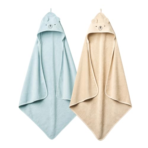 Image of Huxie Baby Hooded Towel – Organic Cotton Baby Bath Towels, 32" x 32" Super-Soft and Absorbent Baby Towels for Newborn Baby Boys 2-Pack (Bear Fog/Baby Blue)