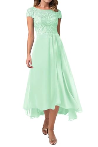 Women's Chiffon Mother of The Bride Dress Lace Appliques Short Sleeves A-Line Midi Length Formal Prom Party Dresses