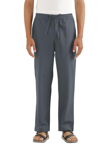 Image of SAADAA Men's 100% Cotton Pants | Mid-Rise Straight Fit Casual Trousers with Elastic Waistband and 3 Pockets | Everyday Wear