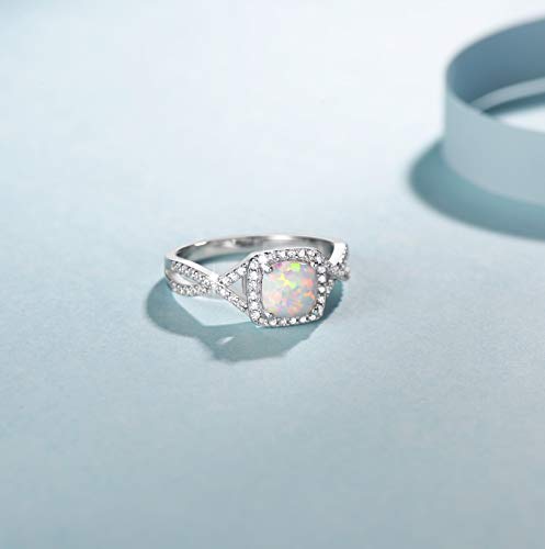 FANCIME October Birthstone Created Opal Rings Sterling Silver 4-Prong Halo White Fire Opal Cubic Zirconia Infinity Engagement Wedding Ring Fine Jewelry for Women Size 5,6,7,8,92