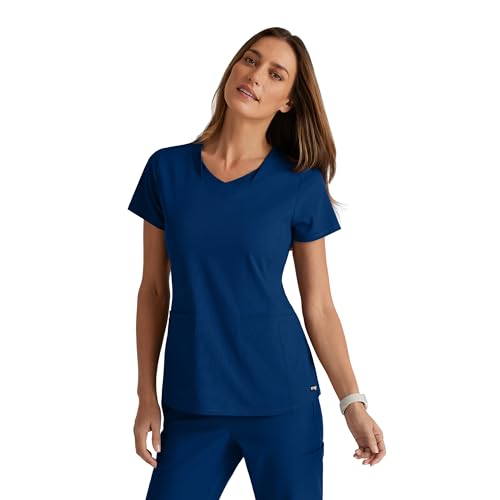 BARCO Grey’s Anatomy Spandex Stretch Direct Bolt Scrub Top for Women – Indigo, 3-Pocket V-Neck Shirt w/Spandex Stretch, Wrinkle Release & Soil Release Fabric – Large, Regular Fit
