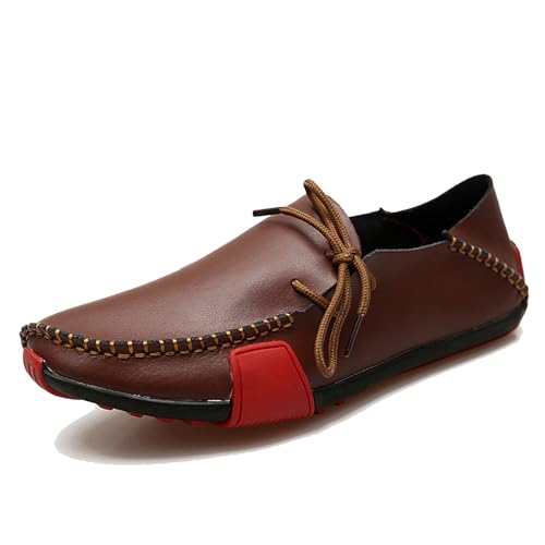 Men's Leather Handmade Penny Loafers Casual Side Lace Up Slip On Moccasins Comfort Dress Boat Shoes Non-Slip Light-Weight Flats Driving Shoes