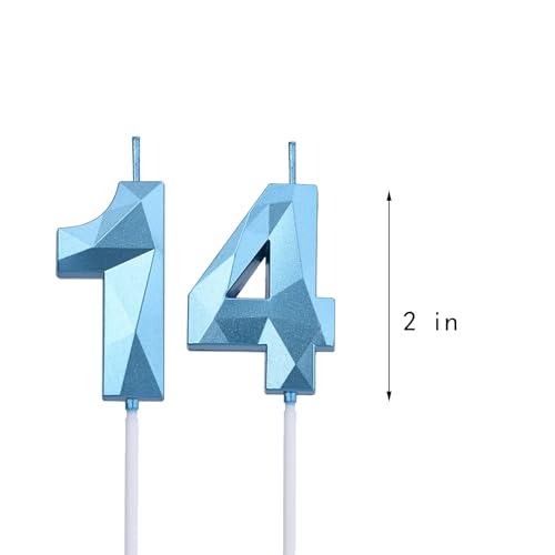 2 inch Blue 14 & 41 Birthday Candles, 3D Diamond Number 14th & 41st Cake Topper for Boys Girls Birthday Party Decorations Theme Party