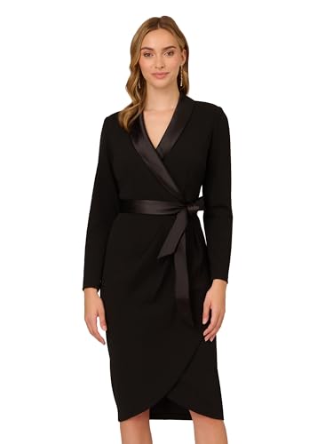 Adrianna Papell Women's Knit Crepe Tuxedo Wrap Dress | Long Sleeve Knee Length Dress with Wrap Skirt & Shoulder Pads, Black 12