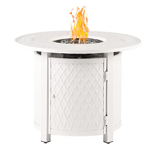 Image of Oakland Living Round 34 in. x 34 in. Aluminum Propane Fire Pit Table with Glass Beads, Two Covers, Lid, 37,000 BTUs in White Finish