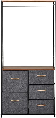 HOMCOM Chest of Drawers with Coat rack Steel Frame 5 Drawers Bedroom Hallway Home Furniture Black Brown