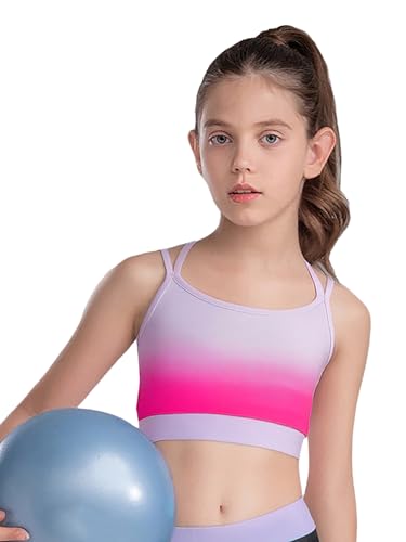 Hansber Kids Girls Gradient Sports Outfit Set T-shirt with Crop Top and Shorts for Yoga Fitness Hot Pink 14 Years3