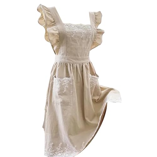 Générique Robe Tablier pour Femme avec Poches, Volants en Dentelle, de Cuisine en Lin et Coton réglables pour la Cuisson, la Cuisson, le Nettoyage, la...