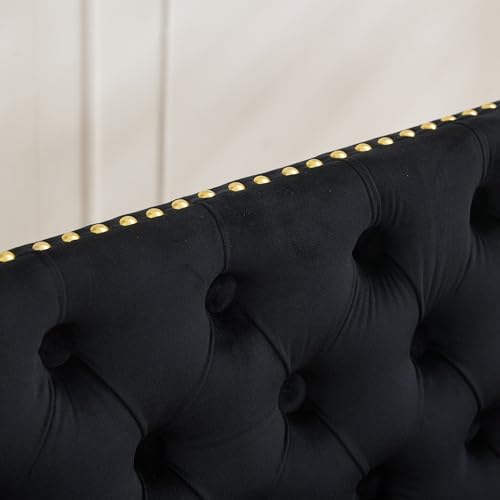 Image of 45.6''Velvet Dining Bench, Button Tufted Upholstered Dining Table Bench with Wing Highback, Nailhead Decoration, Small Loveseat Sofa with Gold-Plated Steel Legs, Mid Century Modern Seating, Black