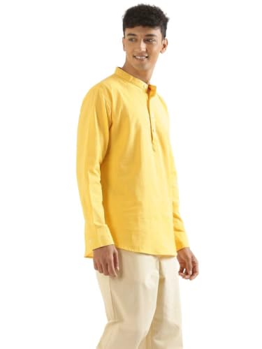 Image of SAADAA Men's Short Kurta - Linen Cotton Blend, Airy Fabric, Regular Fit, Mandarin Collar, Solid Color - Casual, Festive & Ethnic Wear