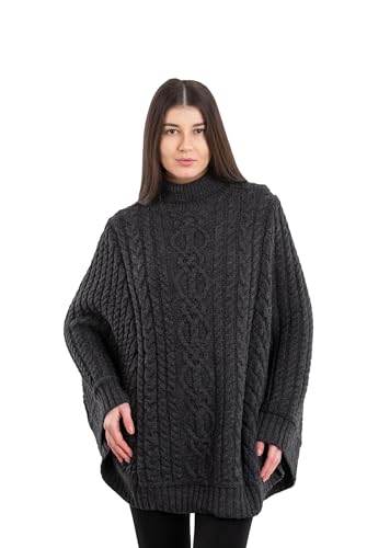 Image of SAOL 100% Merino Wool Cable Knit Ladies Irish Aran Poncho Cardigan