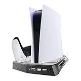 ✔ Soporte vertical multifuncional: consola de tienda con soporte todo en uno, ya sea en disco o edición digital, 2 controladores para PlayStation 5, soporte de almacenamiento + ventilador de refrigeración para consola + base de carga para controladores PS5 con 2 indicadores LED + 3 puertos USB HUB para cargar y transferencia de fecha