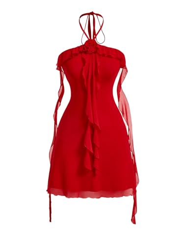 Image of SOLY HUX Women's Summer Dresses Halter Bodycon Irregular Ruffle Trim 3D Flower Cami Mini Party Club Dress Plain Red Small