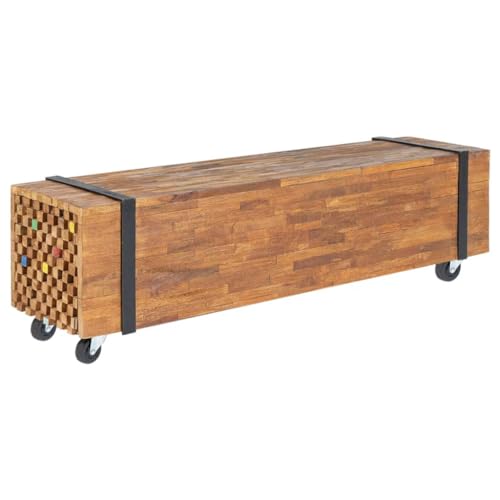 Meuble TV en Bois de Teck Massif 110 cm, de Salon Moderne avec étagère et Rangement pour Console de Jeu, télévision et Home cinéma, Meuble Bas Design