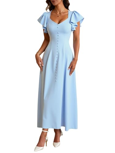 Women's Ruffle Short Sleeve V Neck Dress Elegant Button Front A Line Maxi Dresses