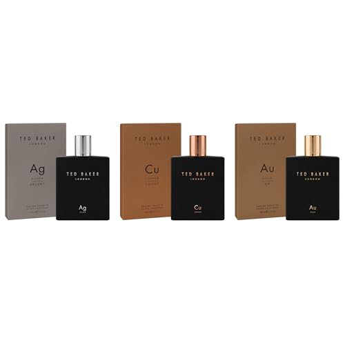 Ted Baker Tonics Collection for Men 3-Piece Eau de Toilette Gift Set Ag Silver Ag Gold Cu Copper Woody Fresh & Masculine Cologne Fragrance Trio for Day & Night Wear 3 x 100ml