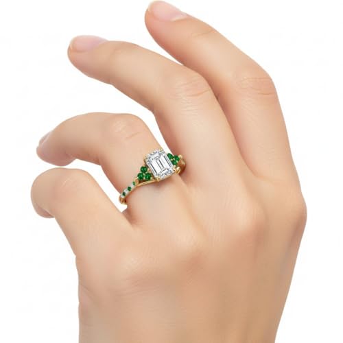 Image of Choose Your Gemstone Emerald Cut Petite Cathedral Diamond CZ Ring Yellow Gold Plated Emerald Shape Petite Engagement Rings for Women, Girls and Ladies US Size 4 to 12