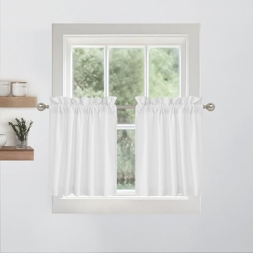 RYB HOME Short Cafe Curtains Faux Linen Blended Light Filtering Privacy Protect Small Window Treatment for Living Room Bathroom, Rod Pocket, White, 2 Panels, W 26 x L 24 inch